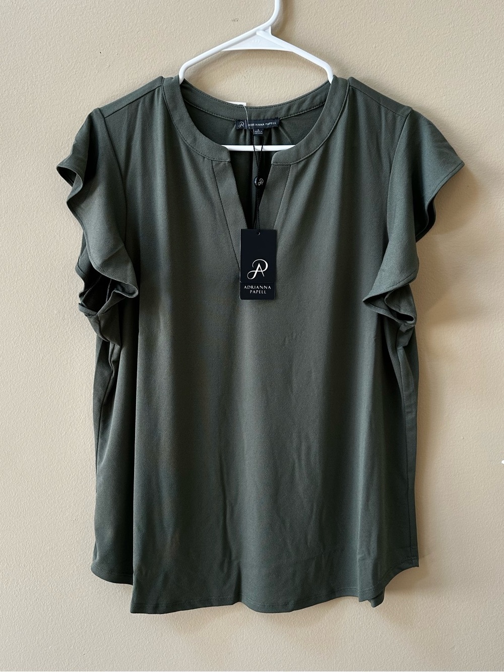 Adrianna Papell Olive Green Ruffle Sleeve Blouse - Large